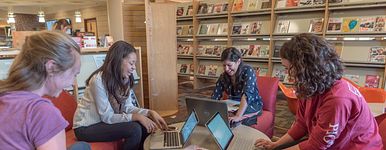 4 women working on laptops, smiling